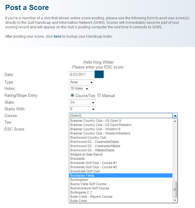select a golf course to post a score
